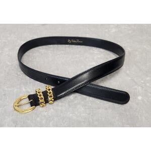 Vintage Paloma Picasso Womens Black Leather Belt with Gold-Tone Buckle-Size XS